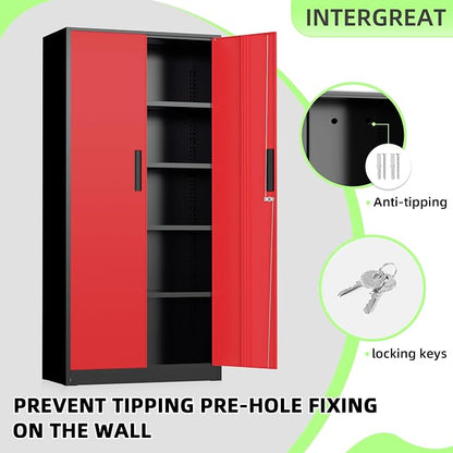 INTERGREAT Metal Storage Cabinet, 72" Locking Steel Cabinets with 2 Door and 4 Adjustable Shelves, Tall Metal Cabinet for Home Office, Garage, Warehouse, Black Red