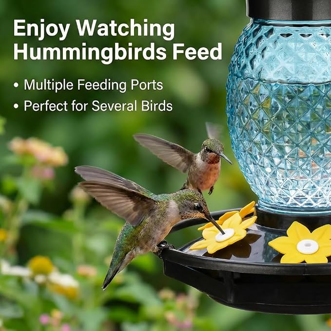 Fchstaer Glass Hummingbird Feeders for Outdoors Hanging 16oz 2 Pack Blue Pineapple Bee & Ant Proof 360°Perch Leakproof Easy Clean with 6 Feeding Ports Gifts for Mom