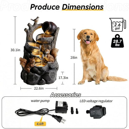 30.1" Outdoor Water Fountain with LED Lights, 4-Tier Waterfall Garden Decor with Squirrel Design, Resin Waterfall Fountain with Pump, Garden Water Feature for Patio Porch Yard, Gray
