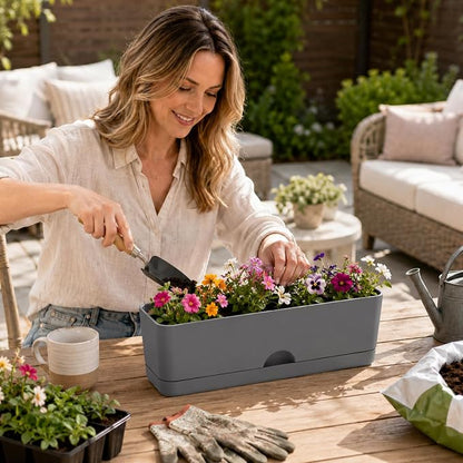 6 Pack Rectangle Planter 16x4.4 Inch Window Boxes Planters Rectangular Window Sill Planters Indoor Self Watering Plant Pots with Drainage Holes and Saucers Succulent Herb Flower Pots, Dark Grey