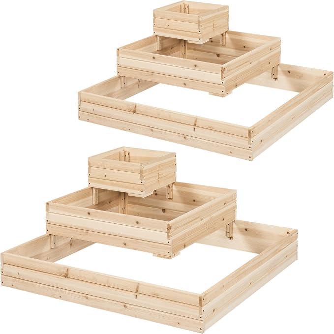 Topeakmart Wooden Planter Box 3 Tier Raised Garden Bed Open Bottom, 2Pcs | Sturdy fir wood tiered planter for patio & garden. Open bottom lets roots grow deep into natural soil.