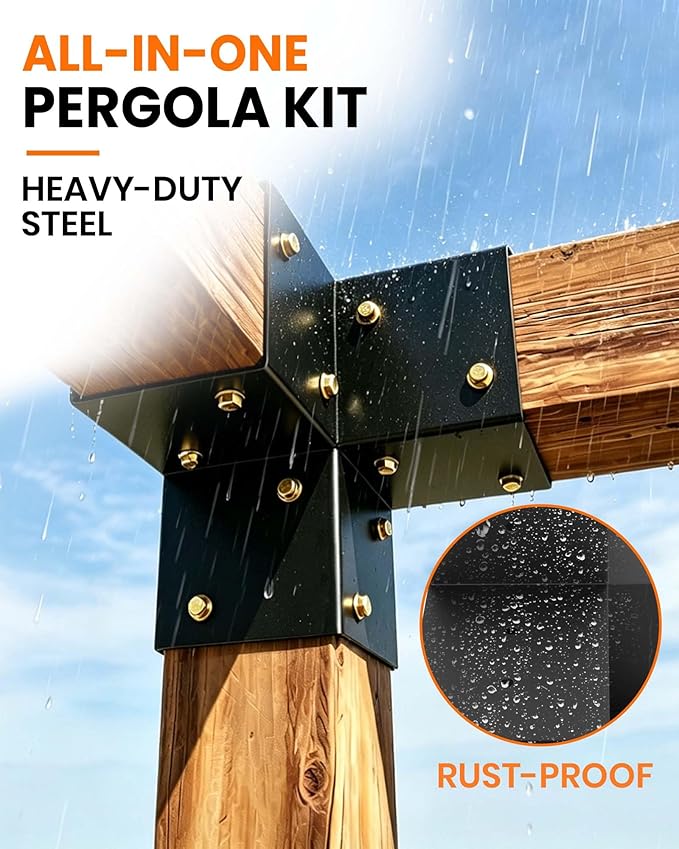 Pergola Bracket Kit 4x4 (Actual 3.6 x 3.6 in), 3-Way Corner & 4-Way Center Brackets with Post Base Set, Heavy Duty 2mm Steel Hardware with Hooks for Patio, Gazebo & Backyard Build