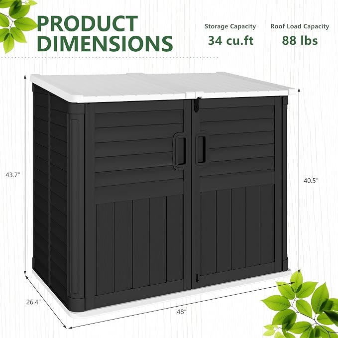 Greesum Outdoor Trash Can Storage Shed, 34 Cu.ft Horizontal Outdoor Storage Cabinet, Waterproof for Garden, Pool Storage, Garbage Cans, Black