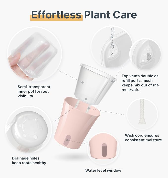 8 Pack 4" Self Watering Pots for Indoor Plants, Clear Inner Cup, Small Pink Plastic Planters, Water Level Indicator, Drainage Holes, Extra 3ft Wick, Cuttings,Seedlings,Herb,African Violets