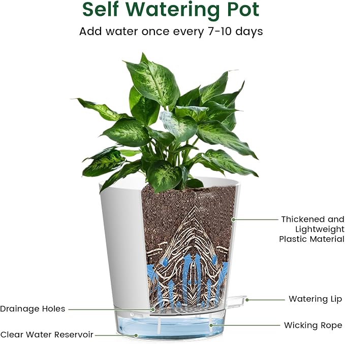 Meowell 4 inch Self Watering Pots for Indoor Plants, 5 Pack Small Flower Plant Pots with Drainage Holes and Clear Reservoirs, Visible Water Level, Plastic Planters with Wicking Rope, White