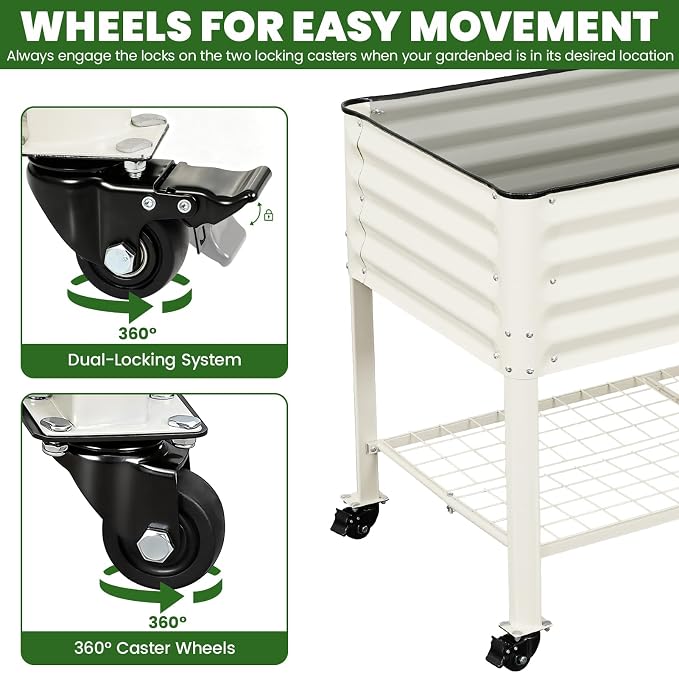 Elevated Raised Garden Bed 2' x 4' - Galvanized Planter Boxes with Legs, Wheels, and Storage Rack, Outdoor Planters for Backyard/Patio/Balcony with Drainage Holes for Vegetables, Flowers, Herbs, White