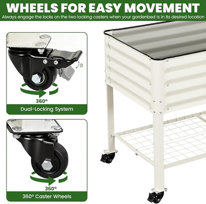 Elevated Raised Garden Bed 2' x 4' - Galvanized Planter Boxes with Legs, Wheels, and Storage Rack, Outdoor Planters for Backyard/Patio/Balcony with Drainage Holes for Vegetables, Flowers, Herbs, White
