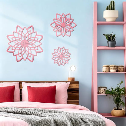 3 Pieces Metal Flowers Wall Decor, Black Wall Decoration Metal, Flower Art Wall Decor Farmhouse Wall Decorations Multiple Flowers Hanging Decor for Bathroom Living Room Home Kitchen Garden Office (Pink Concise)