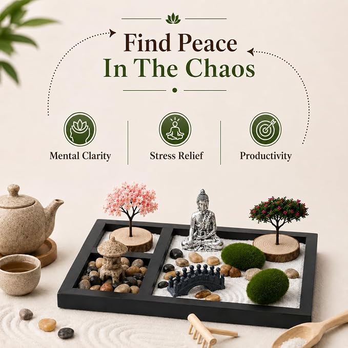 Zen Garden for Desk - Mini Tabletop Zen Garden with Buddha Decor | Black tray with Buddha, bridge, moss & pebbles. Decorative Zen display for office desks, shelves, meditation & home décor.