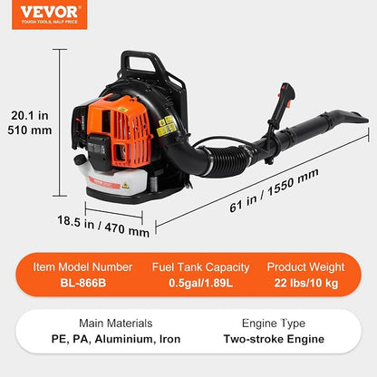 VEVOR 63CC Backpack Leaf Blower Gas Powered, 1.89L Tank, Delivers 1110CFM & 220MPH, Perfect for Garden Maintenance, Clearing Leaves & Snow