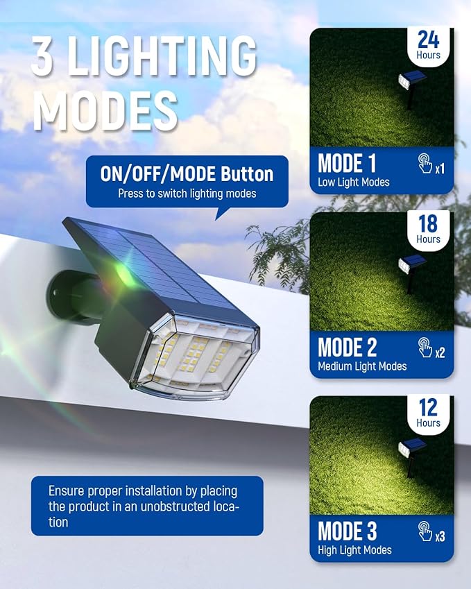 AUDERWIN Solar spotlights Outdoor 63 LED 3 Lighting Modes, IP65 Waterproof Lighten Yard Garden House Garage Pathway for Christmas Decorations-8 Pack