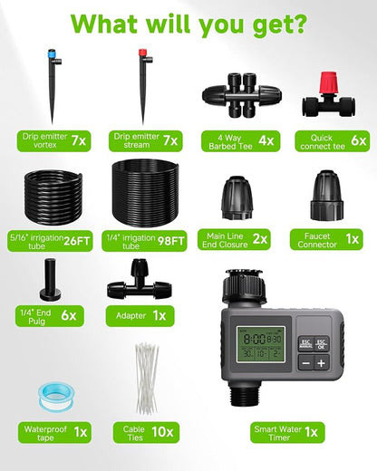124FT Drip Irrigation System with LCD Timer, Automatic Watering System Kits,5/16 Inch Hose 1/4 Inch Distribution Tubing 3 Sprayer Types, for Garden, Greenhouse, Garden, Lawn