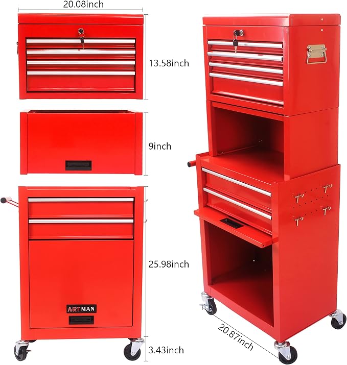 6-Drawer Tool Chest, Detachable Top Box for Garage, RED | Rolling Mobile Storage Cabinet Organizer with Lockable Wheels for Workshop Utility, Heavy Duty Metal Construction