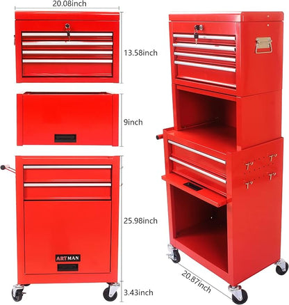 6-Drawer Tool Chest, Detachable Top Box for Garage, RED | Rolling Mobile Storage Cabinet Organizer with Lockable Wheels for Workshop Utility, Heavy Duty Metal Construction