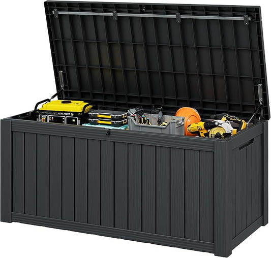 Outdoor Storage Box, 155 Gallon Resin Deck Boxes Outdoor Waterproof For Patio Furniture, Garden Tools, Pool Supplies, Lockable And UV Resistant (Striped Black)