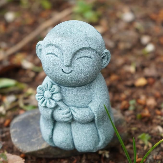 OwMell Japanese Jizo Monk Statue, Buddha Jizo Figurine Memorial Aquarium Statue Ornament - Flower