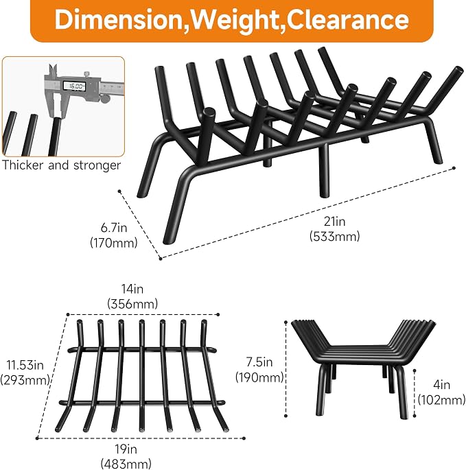 SUZLON Fireplace Grate 21 inch 7 Bar Fireplace Log Grate Heavy Duty Solid Steel Indoor Chimney Hearth with 6 Enhanced Stability Legs Kindling Tools Pit Wood Stove Firewood Burning Rack Holder