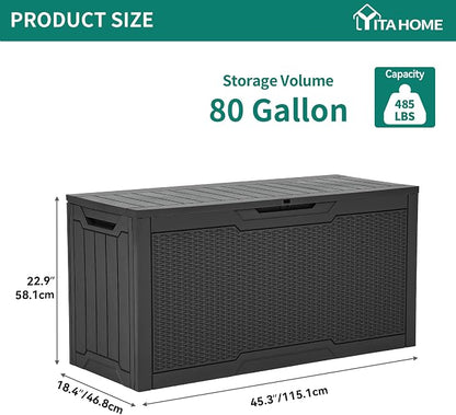 YITAHOME 80 Gallon Resin Deck Box | Weather Resistant Outdoor Rattan Storage Box, Lockable Indoor Outdoor Storage for Supplies and Essentials, Dark Gray