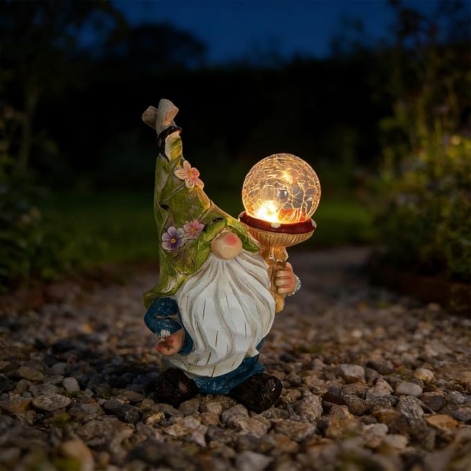 Garden Gnome Solar Light StatueOutdoor Decorative Statue | Gnome With Crackle Glass Globe, Blue & White Floral Design, Waterproof LED Yard Art for Patio, Lawn, Garden,Gift for Women