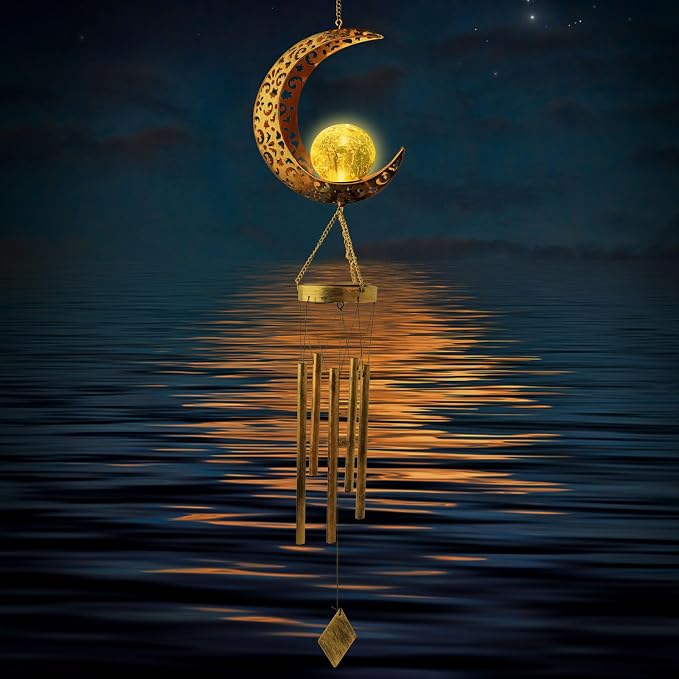 Solar Moon Wind Chimes for Outside Unique Birthday Mom Gifts for Women Mom Grandma Crackle Glass Ball LED Wind Chimes Solar Lights Outdoor Decor Light for Garden Patio Yard