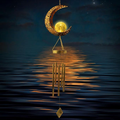 Solar Moon Wind Chimes for Outside Unique Birthday Mom Gifts for Women Mom Grandma Crackle Glass Ball LED Wind Chimes Solar Lights Outdoor Decor Light for Garden Patio Yard