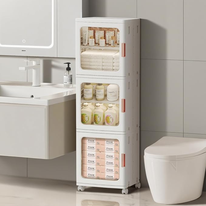 3-Tier Slim Bathroom Storage Cabinet for Small Space,White | Quick Assembly,Foldable,Plastic Organizers,Magnetic Doors,Adjustable Shelves,Narrow Storage Cabinet,Wheels