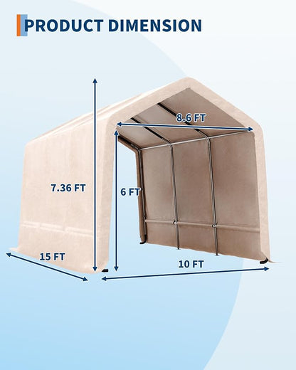 6x6FT Outdoor Portable Storage Shed with Roll-Up Door & Vent, 240G Heavy-Duty Shelter Waterproof PE Tarp, UV-Resistant Storage Sheds for Motorcycle, Firewood, Garden and Tools, Gray (Khaki, 10x15FT)