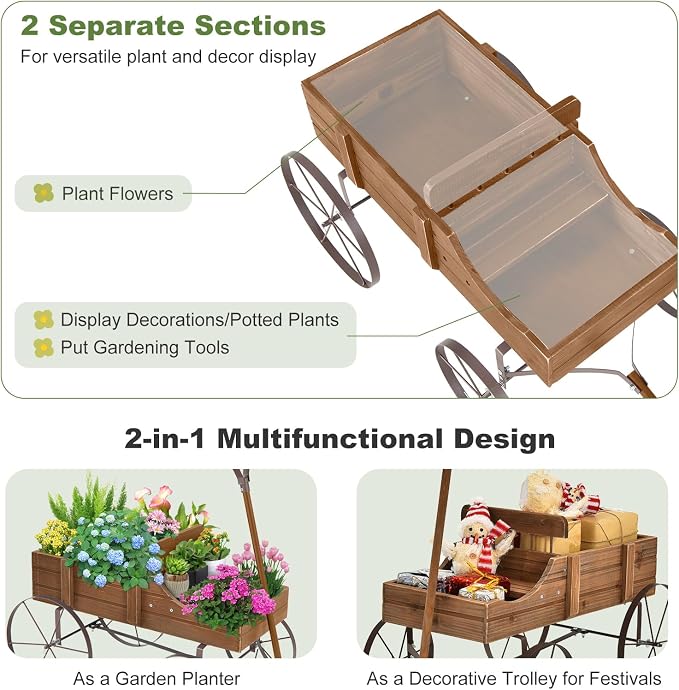HAPPYGRILL Wooden Wagon Planter, 24.5” x 13.5” x 24” Decorative Garden Planter w/ 2 Planting Sections, Wheels, Handle, Small Decorated Cart, Flower Planter Box for Indoor Outdoor Patio (Brown)