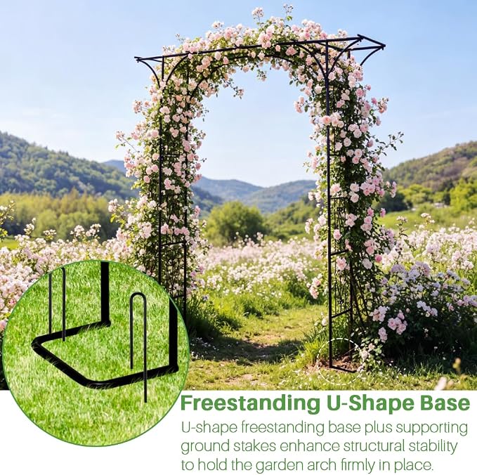 86" Garden Arbor Metal Arch Trellis for Climbing Plants with Standing Base | Outdoor Arbors Archway Pergola for Wedding Ceremony Party Decoration Flat Top Trellises for Rose Vine Backyard Lawn Patio