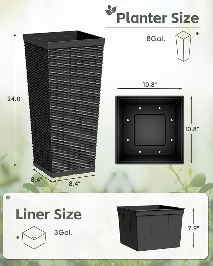 Greesum 24 Inch Tall Plastic Planters with Rattan Texture – Set of 2, Detachable Inner Pot & Drainage Holes, Indoor/Outdoor Decorative Flower Pots for Large Plants, Trees, Patio, and Garden, Black