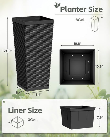 Greesum 24 Inch Tall Plastic Planters with Rattan Texture – Set of 2, Detachable Inner Pot & Drainage Holes, Indoor/Outdoor Decorative Flower Pots for Large Plants, Trees, Patio, and Garden, Black