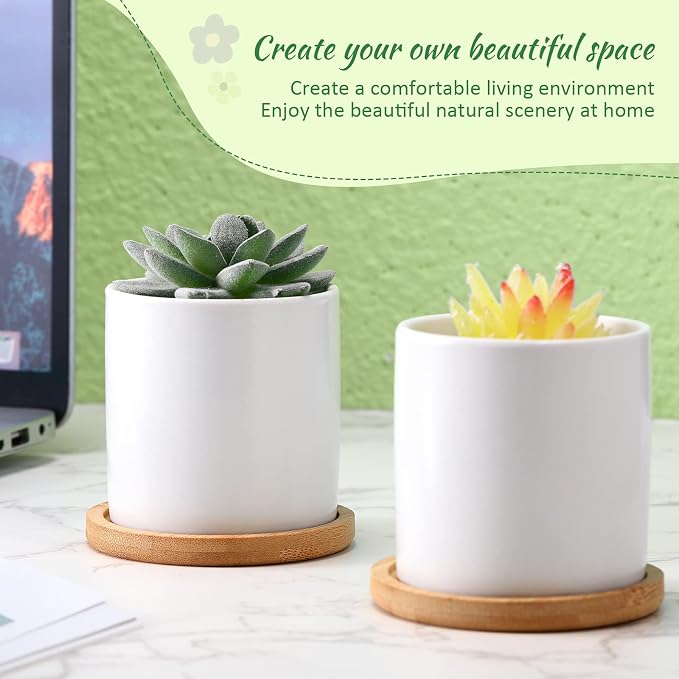 Cindeer 12 Pack Small Succulent Plants Pots 3 Inch Ceramic Flower Planter Pot and Bamboo Tray with Drainage Hole for Succulents Cactus Indoor Garden Decorations, Plant Not Included(White)