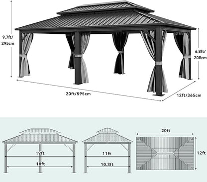 YITAHOME 12x20ft Hardtop Gazebo with Nettings and Curtains | Heavy Duty Double Roof Galvanized Steel Outdoor Combined of Vertical Stripes Roof for Patio, Backyard, Deck, Lawns, Gray