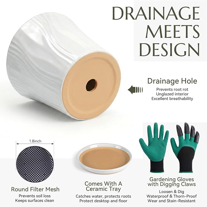 10 Inch Ceramic pots for Plants with Saucer Drainage Leak-Proof Mesh, Round Plant Pot with Gardening Gloves for Indoor Outdoor Plants (Rippled White)