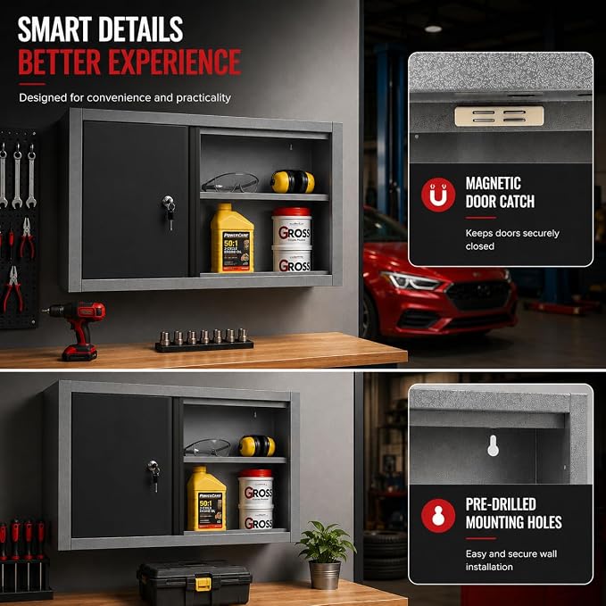 JZD Steel Wall Cabinet for Tool Organization with Two Removable Shelves, Industrial-Strength Metal Hanging Cabinets, for Garage Workshop