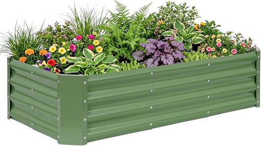 Galvanized Raised Garden Bed - 4x2x1ft Metal Garden Planter Box Outdoor | Steel Raised Bed Kit with Bracing Rods, Gloves for Gardening Vegetables Fruits and Flowers (Oliver Green)
