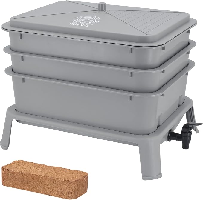 Worm Nerd WN52 4-Tray Worm Composting Bin Kit with Coco Coir Brick for Recycling Food Waste, Worm Castings, Worm Tea, Vermiculture and Vermicomposting, Gray