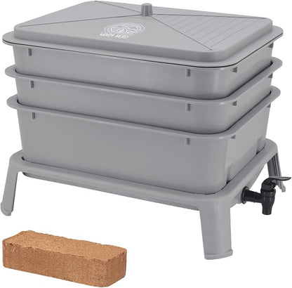 Worm Nerd WN52 4-Tray Worm Composting Bin Kit with Coco Coir Brick for Recycling Food Waste, Worm Castings, Worm Tea, Vermiculture and Vermicomposting, Gray