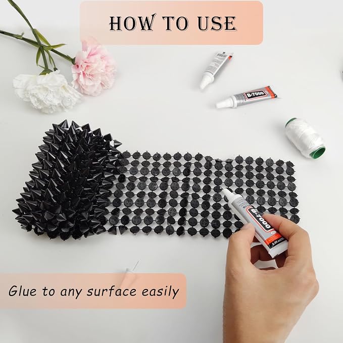 1 Yard Spike for Crafts Stude for Clothing, Black Spike Stud with Glue, Cone Flatback Plastic Trim Mesh for Holloween Party Decoration Costume DIY Crafts