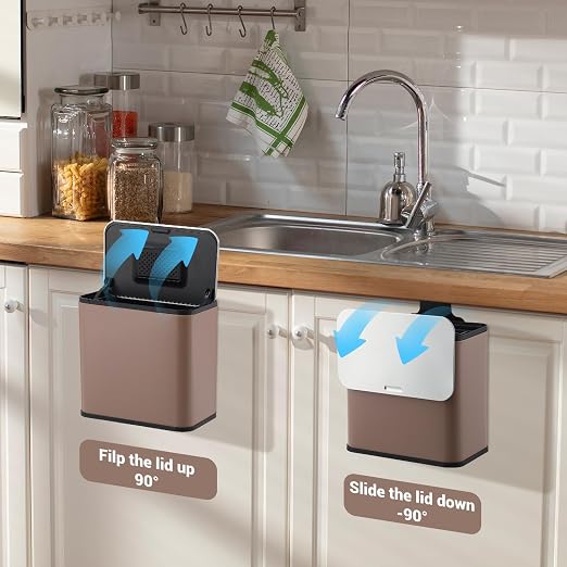 1.3 Gallon/5L Slim Stainless Steel Trash Can with Lid, Odor Control Charcoal Filter, Removable Bucket, Hanging/Wall Mounted/Standing Waste Bin for Kitchen, Bathroom, Bedroom, Office - Brown