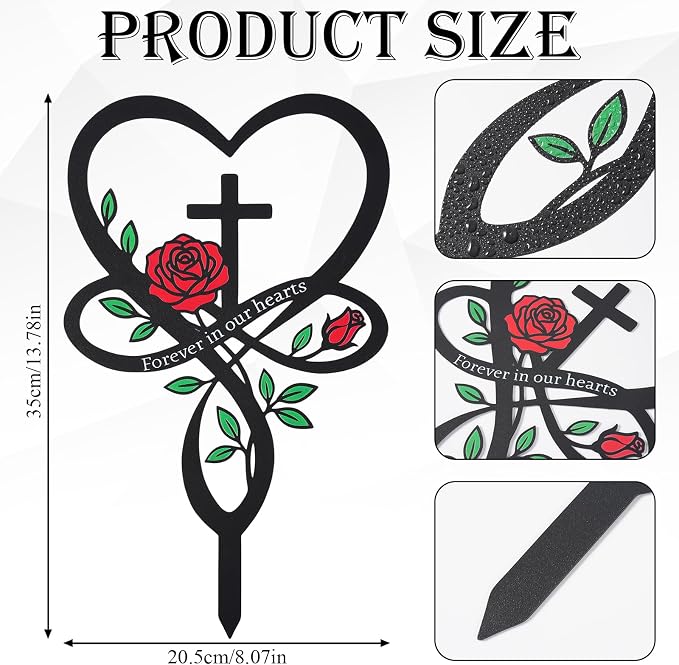 Cemetery Decorations for Grave, Forever in Our Hearts Metal Grave Marker for Outdoor Garden Yard Sympathy Decor, Flower Heart Cross Memorial Plaque Stake for Remembrance Son Mom Dad
