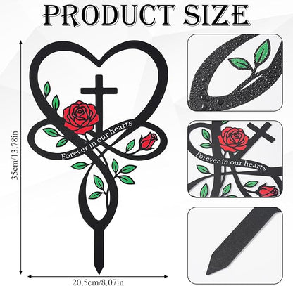 Cemetery Decorations for Grave, Forever in Our Hearts Metal Grave Marker for Outdoor Garden Yard Sympathy Decor, Flower Heart Cross Memorial Plaque Stake for Remembrance Son Mom Dad