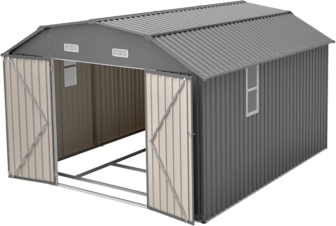 YOPTO 10×12 FT Outdoor Storage Shed,Heavy-Duty Metal Shed with Floor Base,All Weather Waterproof Tool Shed W/Diamond Roof & Windows,Lockable Double Door & 4 Air Vents,for Backyard,Patio,Lawn,Gray