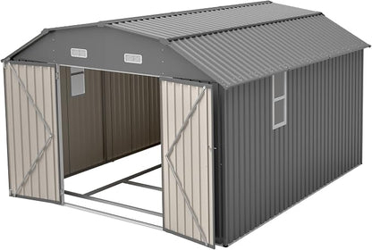 YOPTO 10×12 FT Outdoor Storage Shed,Heavy-Duty Metal Shed with Floor Base,All Weather Waterproof Tool Shed W/Diamond Roof & Windows,Lockable Double Door & 4 Air Vents,for Backyard,Patio,Lawn,Gray