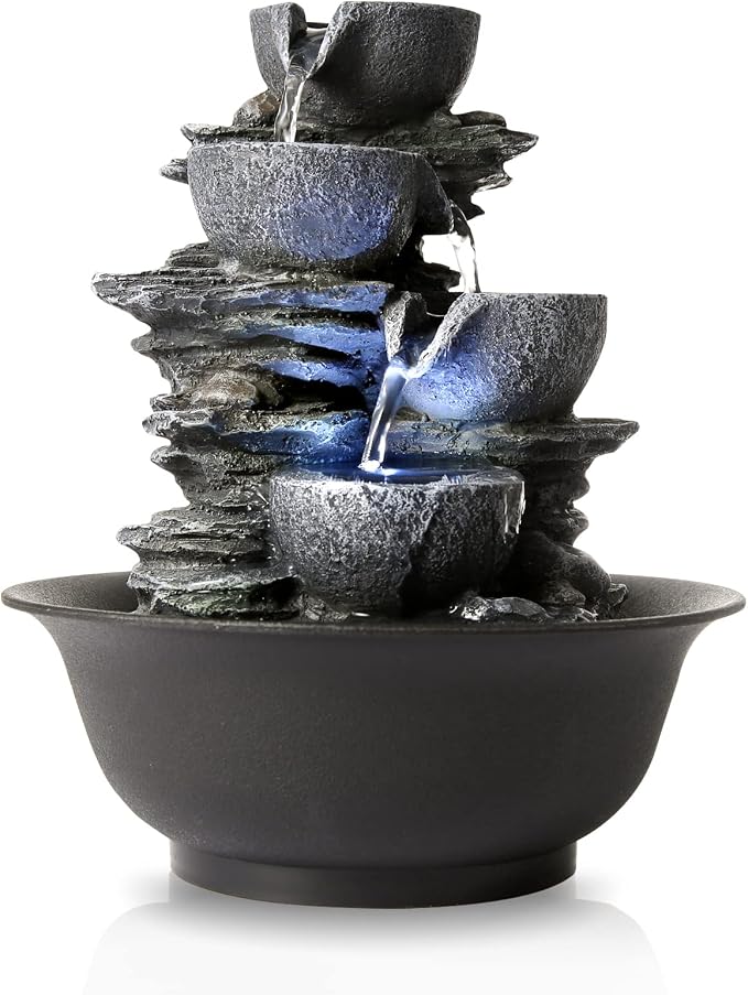 Tabletop Water Fountain Indoor Waterfall Fountains Stacked Rocks Water Feature Feng Shui Zen Meditation Relaxation Desktop Fountain for Home and Office Indoor Spaces Decor (Style 15)