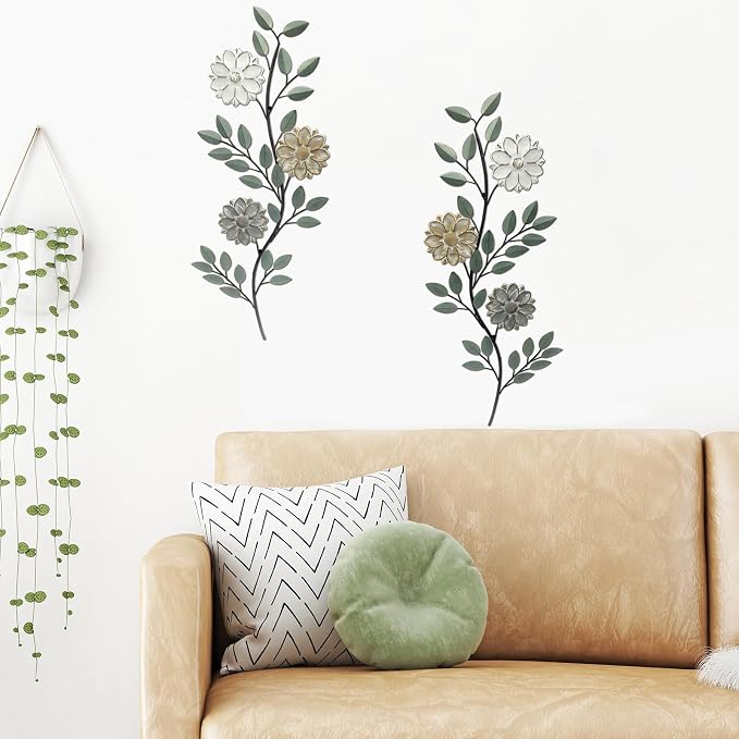 MorningRo 2 Pcs Metal Flower Leaves Wall Art Spring Wall Decor Living Room, 15.75 Inch Vintage Rustic Branch Leaf Wrought Iron Scroll Art Decor for Summer Bedroom Indoor Outdoor Decorations(Green)