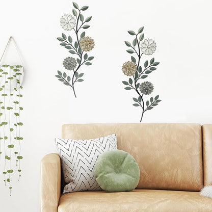 MorningRo 2 Pcs Metal Flower Leaves Wall Art Spring Wall Decor Living Room, 15.75 Inch Vintage Rustic Branch Leaf Wrought Iron Scroll Art Decor for Summer Bedroom Indoor Outdoor Decorations(Green)