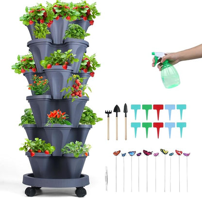 GameXcel Vertical Planter, 6 Tier Stackable Strawberry Planter with Garden Tool Set, Movable Indoor/Outdoor Garden Herb Pot for Growing Vegetables and Succulents, Dark Gray