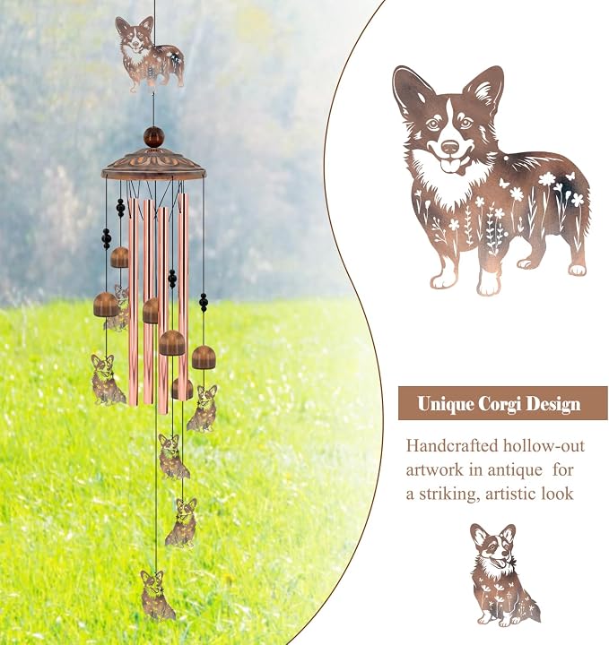 Corgi Wind Chimes for Outside,Metal Garden Decor Corgi Windchimes Gifts for Grandma/Women Birthday Gifts,Outdoor/Indoor Metal Wind Chime for Garden,Home, Lawn, Porch, Yard (35")