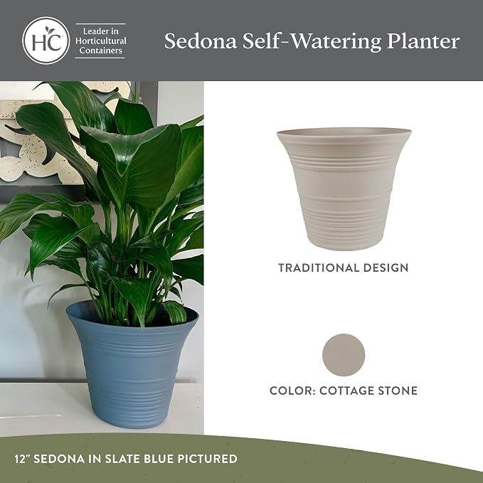 The HC Companies 7 Inch Sedona Round Self Watering Planter Pots, Lightweight UV-Resistant Plastic Indoor & Outdoor Planters, 4-Pack Flower Pots for Garden & Home Decor, Cottage Stone
